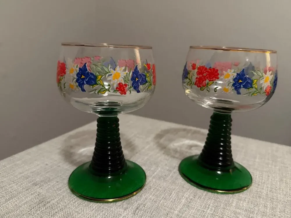 Vintage Hand-Painted Floral Goblets Green Stem Gold Rim Set of 2 – 5.5